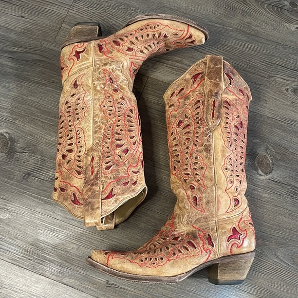 Corral - Vintage Western Boots - Tan/Red - 6 1/2M - Picture 11 of 14
